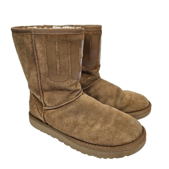 UGG Shoes - UGG Classic Short Rubber Logo Pull On Chestnut Suede Boot 1108230